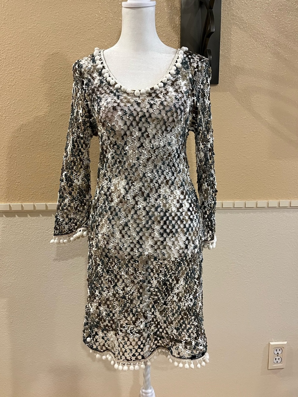 Swimsuit coverup / beachwear/ crochet mini dress w/ pompon trim. Stretchy. S